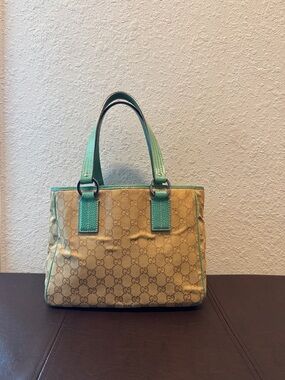 Gucci Beige GG Canvas Tote with Teal Trim